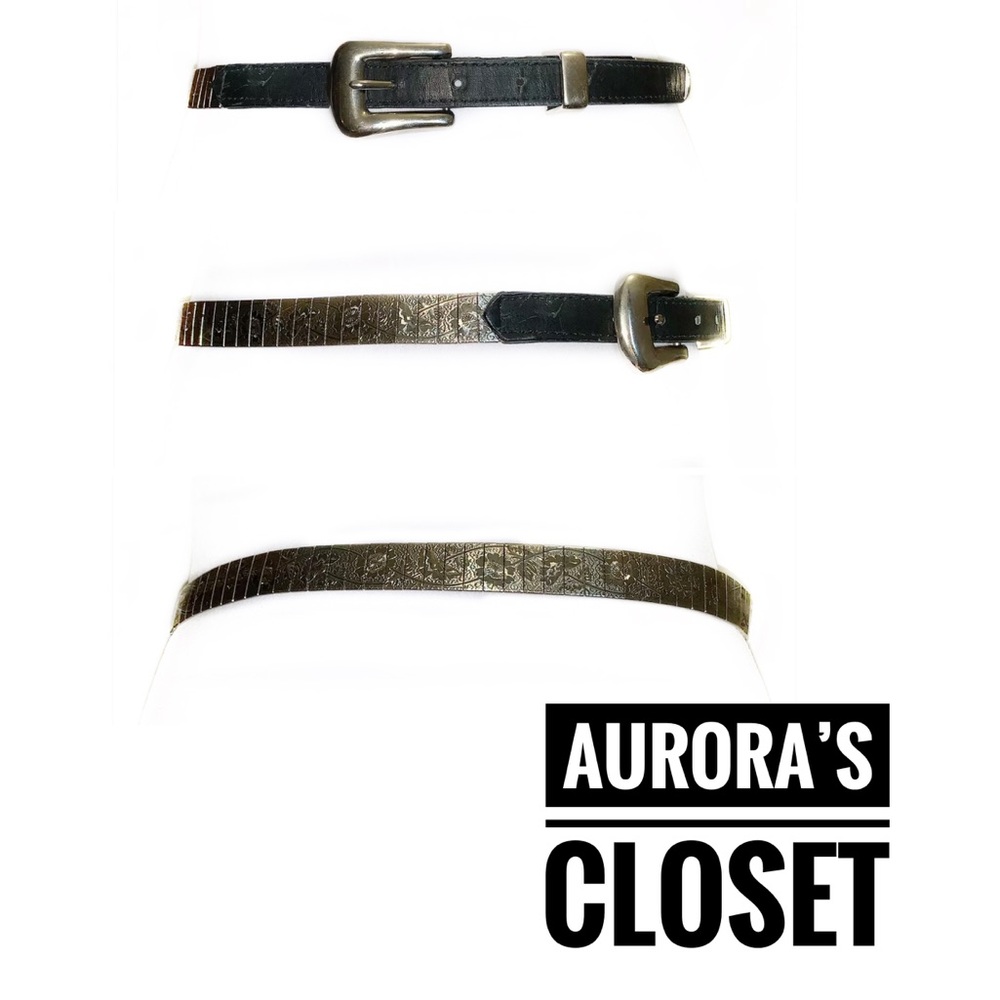 VTG San Marcos LA M Black Leather Belt Floral Silver Buckle